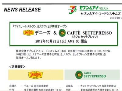 デニーズとカフェセッテプレッソ　吉祥寺に隣接オープン